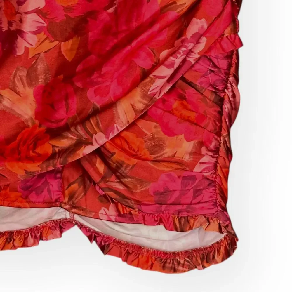 FOR LOVE & LEMONS Alia Floral Satin Mini Skirt Red Ruched Ruffle Festival Club